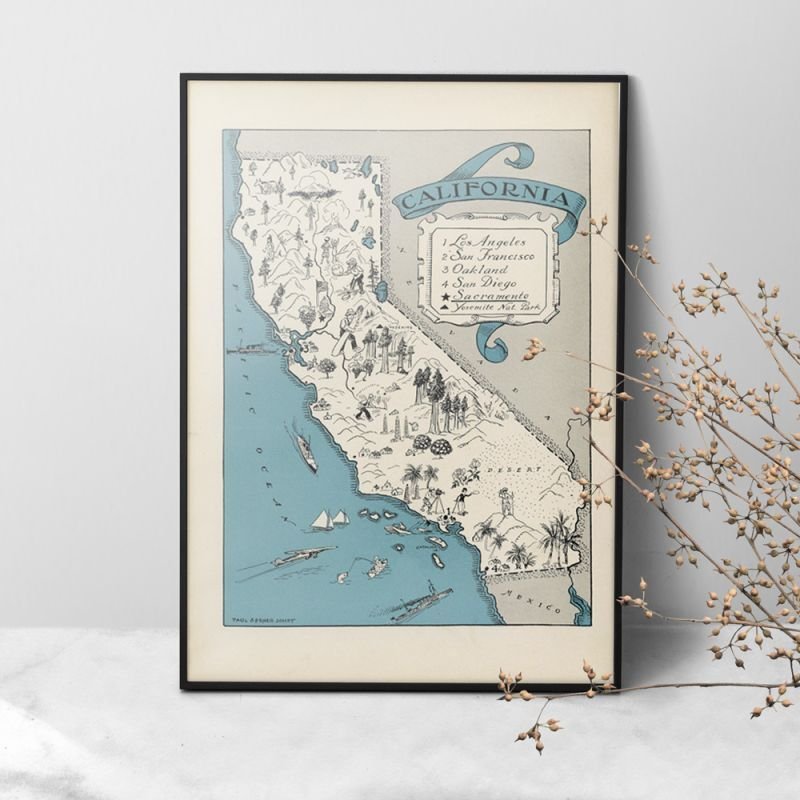 New York 地図ヴィンテージポスター　フレーム付き 1930s Vintage Map ビンテージ 地図 マップポスター (カリフォルニア
